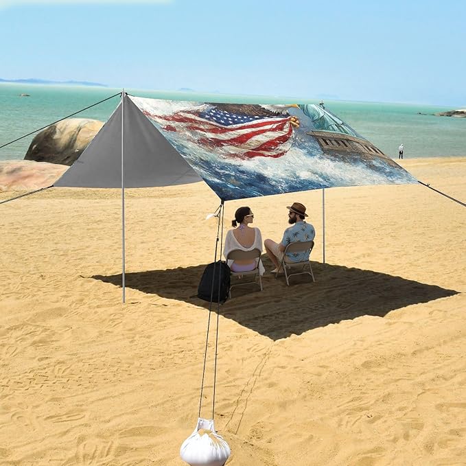 ALAZA Bald Eagles Flying Carrying American Flag The Statue of Liberty Beach Tent Sun Shelter Portable Canopy Sunshade for Outdoor Camping Picnics Backyard Fun 10x9 ft
