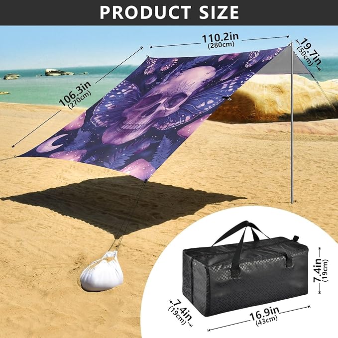 ALAZA Skull Moon Butterfly Beach Tent Sun Shelter UPF50+ Protection Beach Shade Canopy w/ 4 Sandbags for Outdoor Camping Fishing Backyard Fun Picnic 10x9 ft