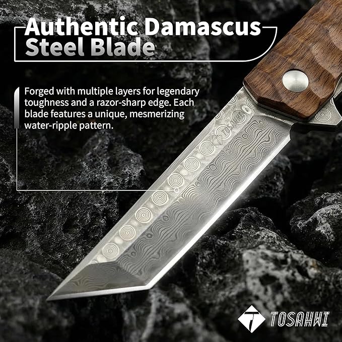 Damascus Steel Tanto Blade Pocket Knife With Rosewood Handle