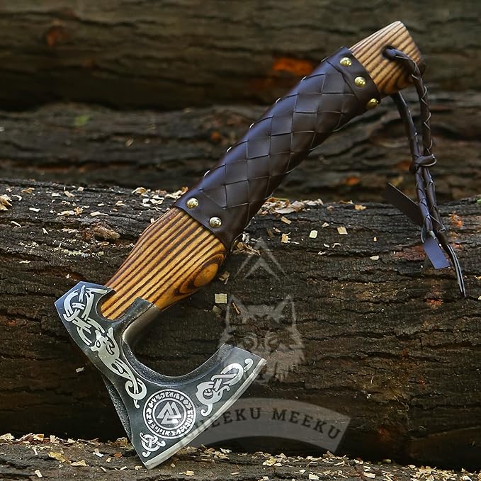 Custom Handmade Carbon Steel Real Viking Axe HatchetCamping Axe Birthday Gift for him Leather Wrapped Handle and Leather Sheath ((FM 24))