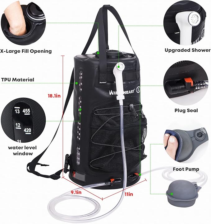 WILD HEART Camping Shower 22L/ 12L Portable Shower for Camping with Pressure Foot Pump and Hose - Solar Shower Bag Backpack for Camping Road Trip &amp Outdoor Use