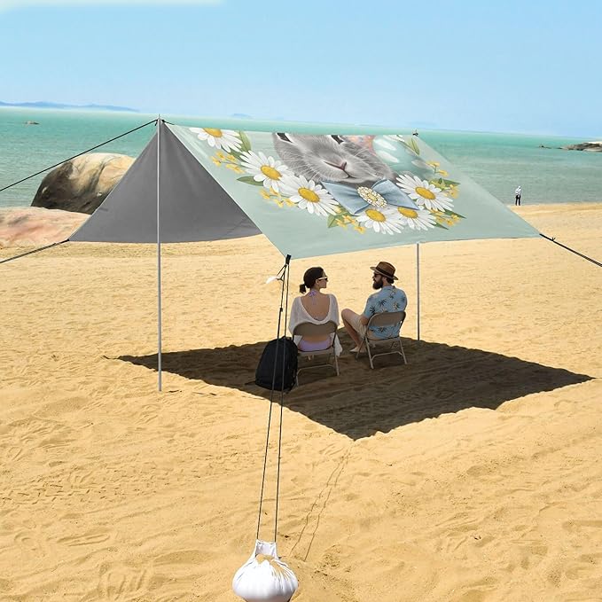 Easter Bunny Beach Canopy Sun Shelter with Sandbags &amp Sand Shovel &amp Windproof Ropes - Portable 110x126 Beach Shade Beach Tent for Camping Picnics