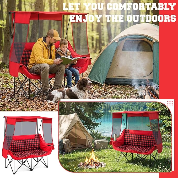 Teenyyou Double Camping Chair with Canopy Shade 660lbs Heavy Duty Beach Chair Portable Folding 2 Person Camping Loveseat with Cup Holder and Storage Bag for Lawn Beach Outdoor Sport(Red Plaid)