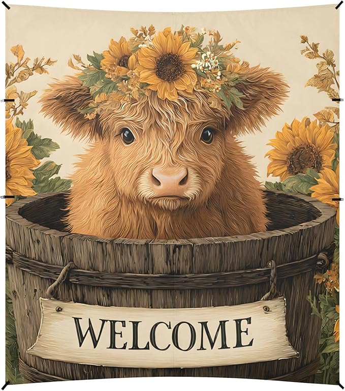 ALAZA A Lovely Highland Cow Baby Sat in an Old Wooden Barrel with Big Flowers on His Head Surrounded by Beach Tent Sun Shelter Portable Canopy Sunshade for Outdoor Camping Picnics Backyard Fun