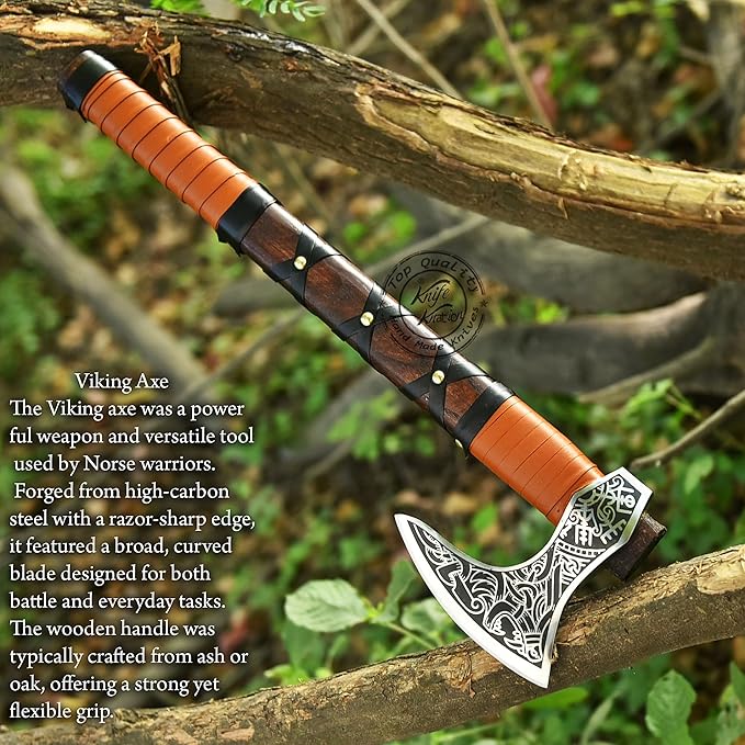 Hand-Forged Engraved Viking Axe of Ragnar Lothbrok Hunting Axe Handmade Camping Axes Hatchet-Norse Axe Tomahawk Vikings Bearded Axes with Leather-Wrapped Handle &amp Sheath (AXE-12)