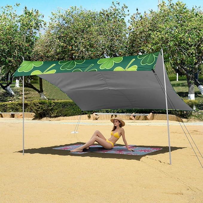 Beach Canopy with Windproof Ropes &amp Sandbags Beach Tent Sun Shade Sun Shelter for Camping Trips Fishing Backyard Fun or Picnics St. Patrick's Day Clover