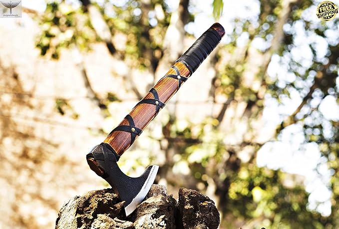 Custom Gift Forged Carbon Steel Viking Axe with Rose Wood Shaft Viking Bearded Camping Axe &amp Hatchet Birthday Gift for Him Ragnar Axe axis (Ragnar)