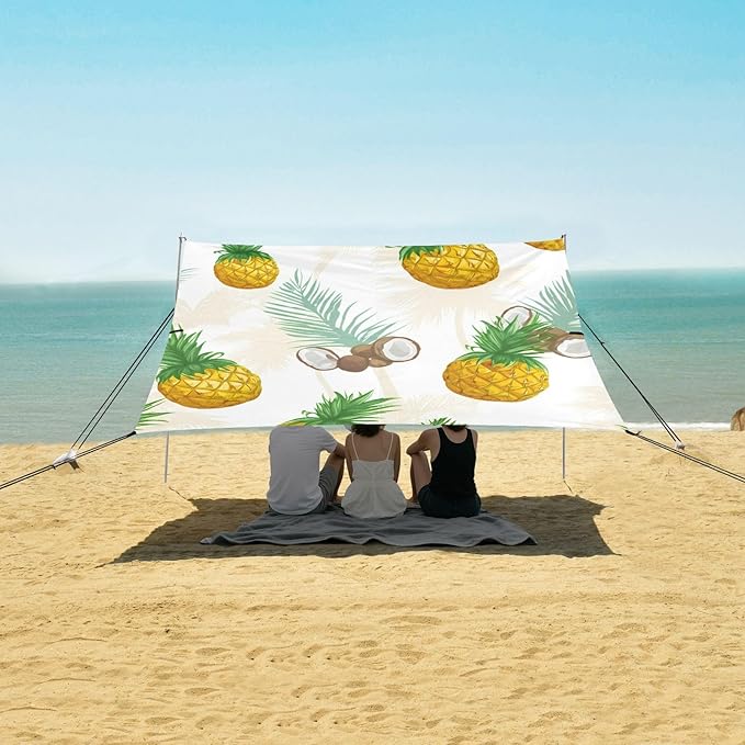 Beach Canopy with Windproof Ropes &amp Sandbags Beach Tent Sun Shade Sun Shelter for Camping Trips Fishing Backyard Fun or Picnics Pineapple and Coconut