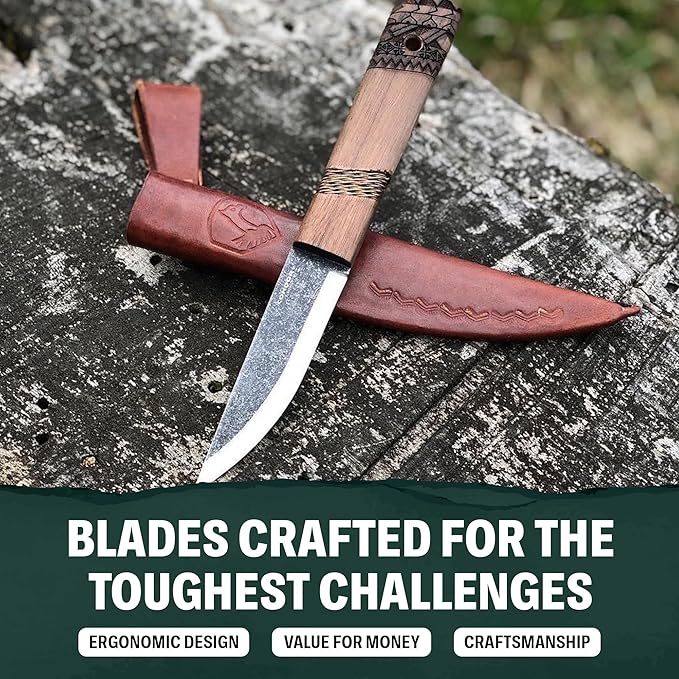 Condor Tool &amp Knife Indigenous Puukko Knife - 1095 High Carbon Steel - Hand Crafted Welted Leather Sheath - Polynesian and Sami Designed Walnut Handle - 3.9in Blade - 4.6oz (3mm)
