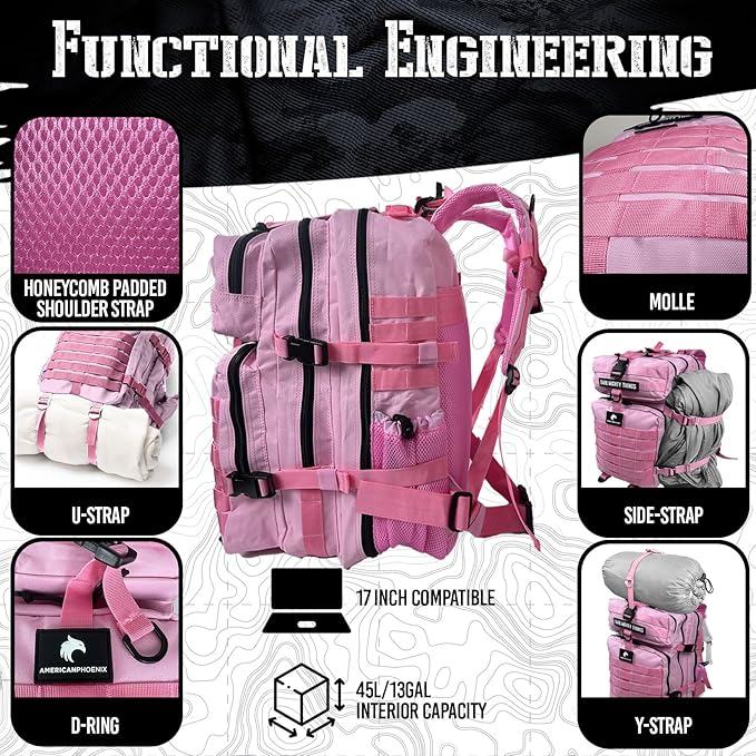 AMERICANPHOENIX 45L Elite Tactical Backpack | 3X Stronger Work &amp Military Backpack | Water Resistant and Heavy Duty | 3 Day MOLLE Bug Out Bag (Rose Pink)