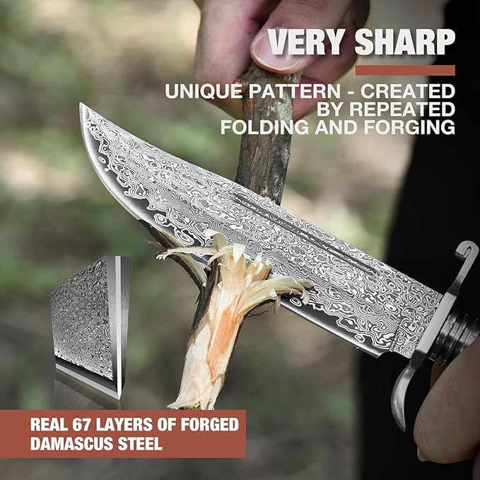 DRACHENADER 10.5 Inch Bowie Knife with Sheath Outdoor Hunting Survival Bushcraft Fixed Blade Knife (C-Japanese Type-Damascus Blade)