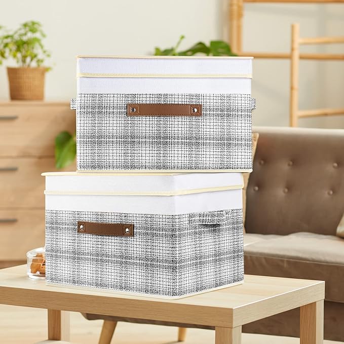 TYEERS Collapsible Storage Bins with Lids Patchwork Design Washable Fabric Storage Boxes 14.9x9.8x9.8 inches 3 Pack Gray