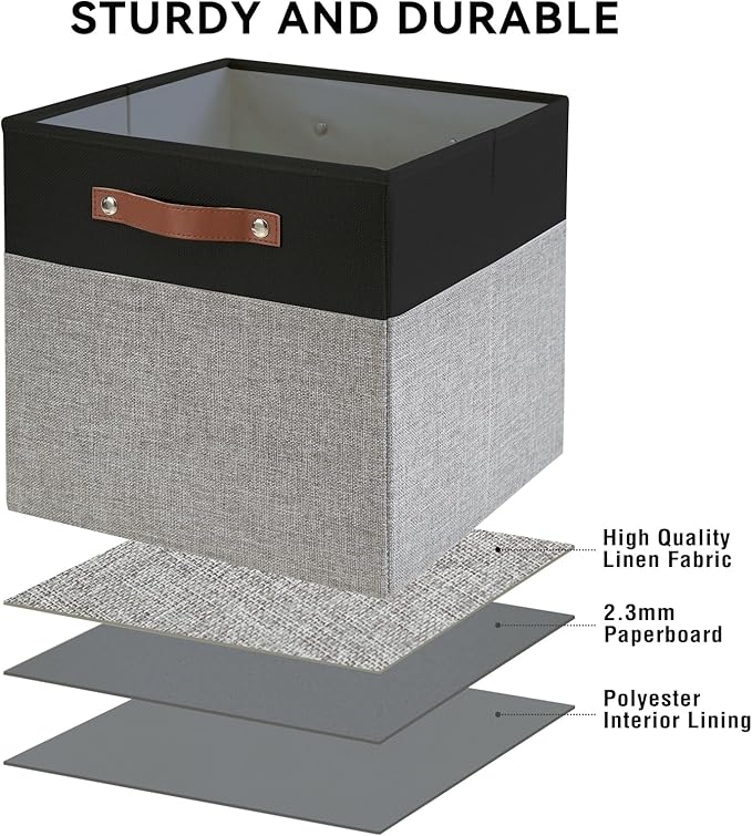 Collapsible Fabric Storage Cube Bins with 2 Reinforced PU Handles Foldable Storage Organizer Baskets for Closet Shelves Living Room | 11x11x11 4 Pack Black &amp Gray