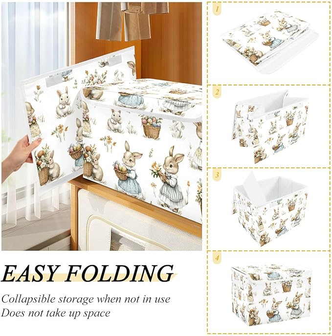 senya Easter Baskets Collapsible Storage Bins with Lids Rabbit Flower Grass Pattern Storage Boxes Clothes Baskets for Organizing