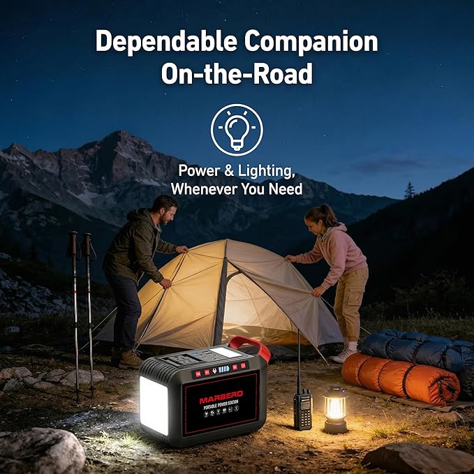 MARBERO 200W Portable Power Station 148Wh Camping Solar Generator Laptop Power Bank with AC Outlet 110V DC USB QC3.0 LED Flashlights for CPAP Home Outdoor Trip Emergency Backup