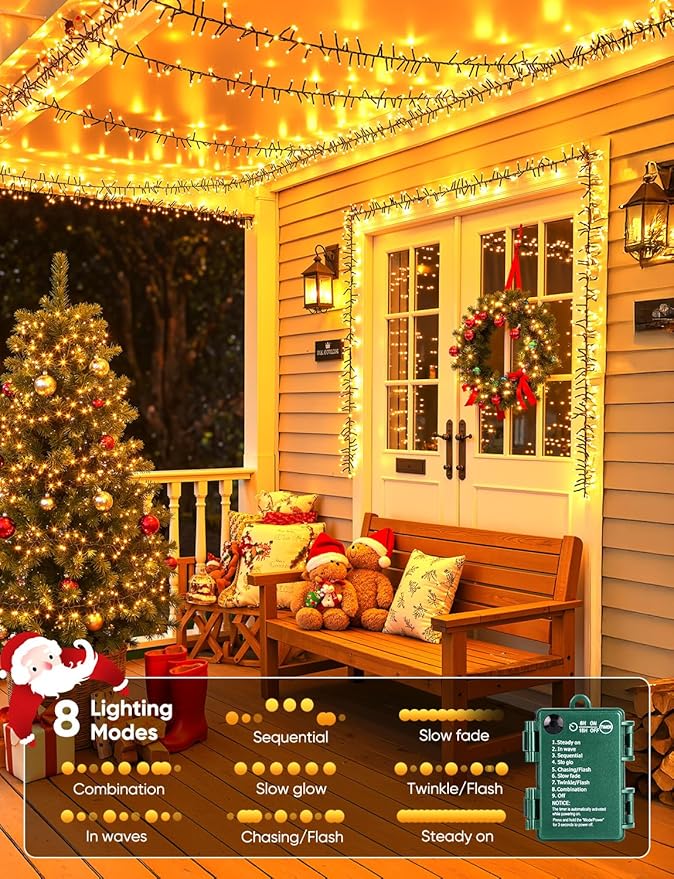 Minetom Battery Operated Christmas Lights Outdoor 4 Pack 10Ft 120 LED Battery Powered Christmas Tree Lights Firecracker Cluster Waterproof Twinkle Lights for Indoor Wreath Xmas Tree