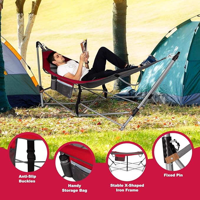 Portable Folding Hammock w/Side Pocket Lounge Camping Bed w/Metal Stand &amp Anti-tip Buckles Outdoor Camping Hammock with Carrying Bag for Patio Garden Yard Easy Assembly (Red)