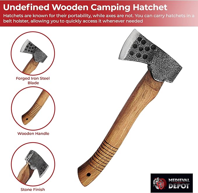 MedievalDepot Camping Hatchet - Compact Forged Steel Axe with Wooden Handle for Outdoor Survival Bushcraft Backpacking