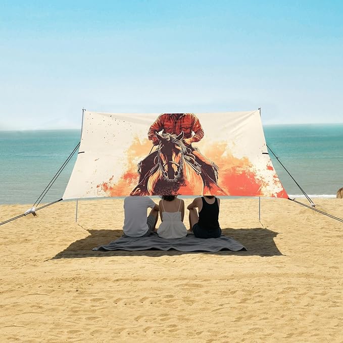 Western Cowboy Beach Tent Sun Shelter Set UPF50+ UV Protection 10.5 x 9.19 FT Camping Shade Canopy with Sandbags Sand Anchors Carrying Bag and Others
