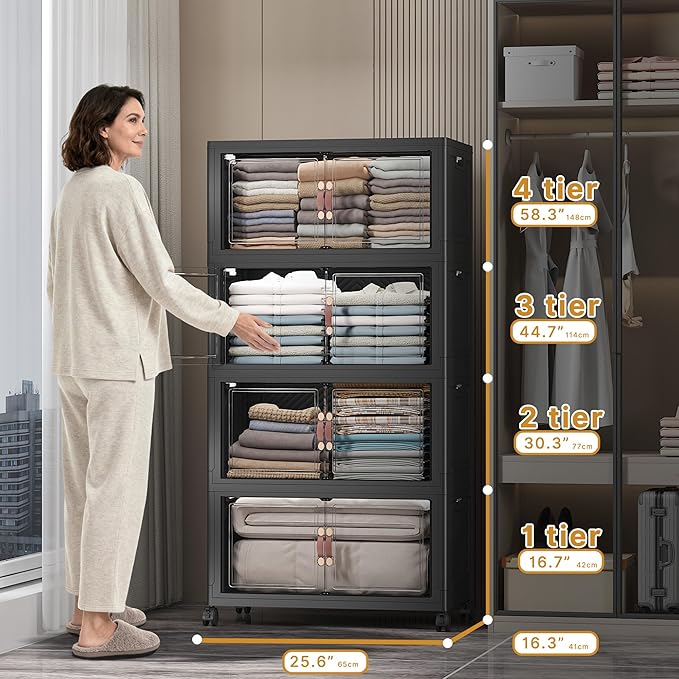 UAMFURI Stackable Storage Bins with Lids Extra Large Plastic Organizer Cabinet Drawers 896QT Collapsible Closet Containers with Doors and WheelsFor Bedroom Office Garage(8Pack Cube)