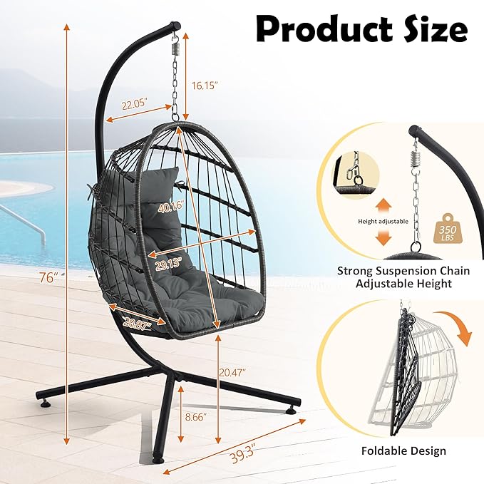 TITIMO Foldable Hanging Egg Chair with Stand Indoor/Outdoor Wicker Swinging Chair with Comfortable Cushion and Headrest Rattan Hammock Chair for Patio Bedroom Balcony Garden 350LBS Capacity