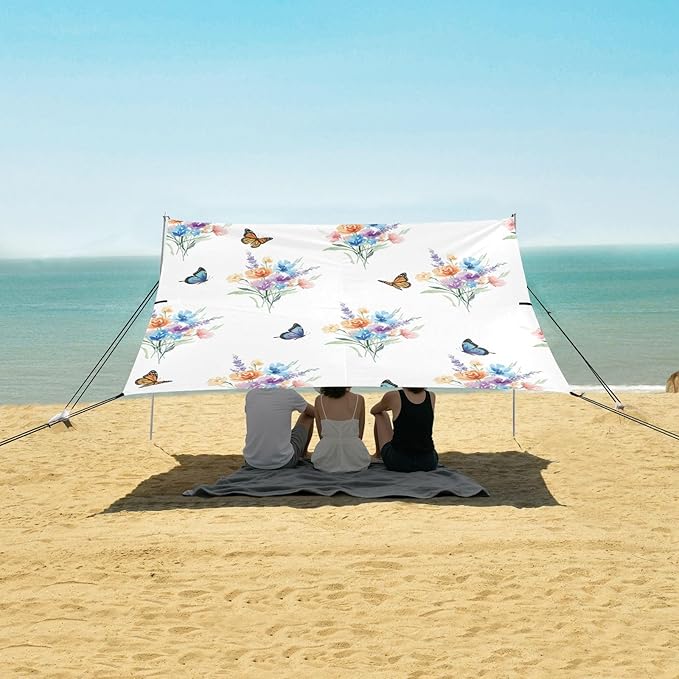 xigua Wildflowers Beach Tent Sun Shelter with Carrying Bag - Silver Coated Oxford Fabric Beach Canopy for Beach Camping Fishing - Includes Windproof Ropes Sandbags &amp Stakes