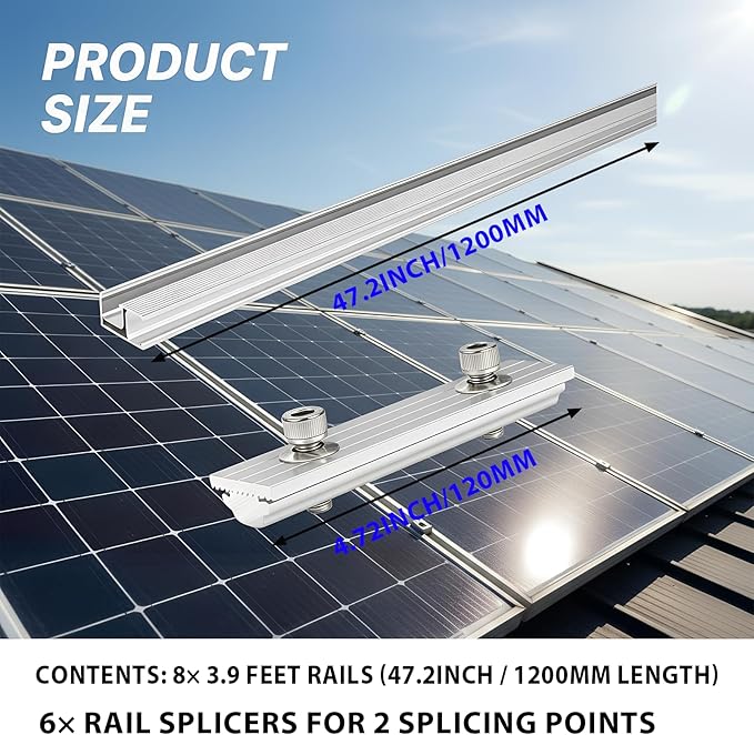 Solar Panel Mounting Rail Kit for 5 x 320W Panels Includes 8 x 47.2 Aluminum Rails Adjustable Clamps L-Brackets &amp Grounding Lugs Universal Racking for Metal Tile Shingle Roof