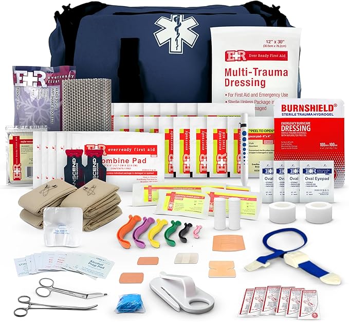 First Responder Trauma First Aid Kit Bag – Fully Stocked Emergency Medical Kit for Workplace Vehicle &amp Home – OSHA &amp ANSI Compliant – Portable – Blue