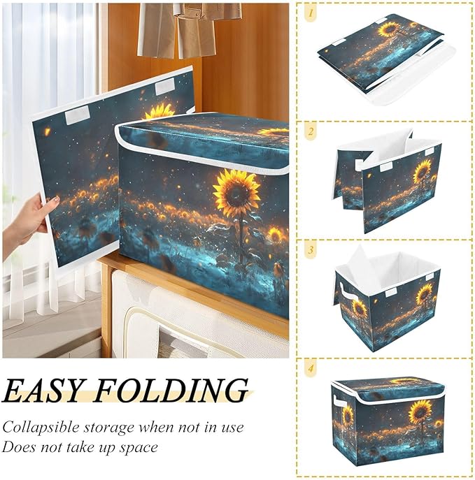 AIXIWAWA Lidded Storage Cube (Shining Sunflower) Fabric Foldable Closet Bins with Flip Lid and Handles Organizer Basket Container 16.5 x 12.6 x 11.8 IN