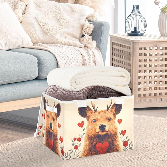 AIXIWAWA Lidded Storage Cube (Cute Deer Heart) Fabric Foldable Closet Bins with Flip Lid and Handles Organizer Basket Container 16.5 x 12.6 x 11.8 IN