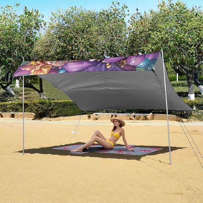 Irises Beads Mask Doughnut Hat Mardi Gras Foldable Beach Canopy UPF50+ Protection Waterproof Portable Sun Shelter with Sand Pockets for Family Trips Picnics &amp Camping