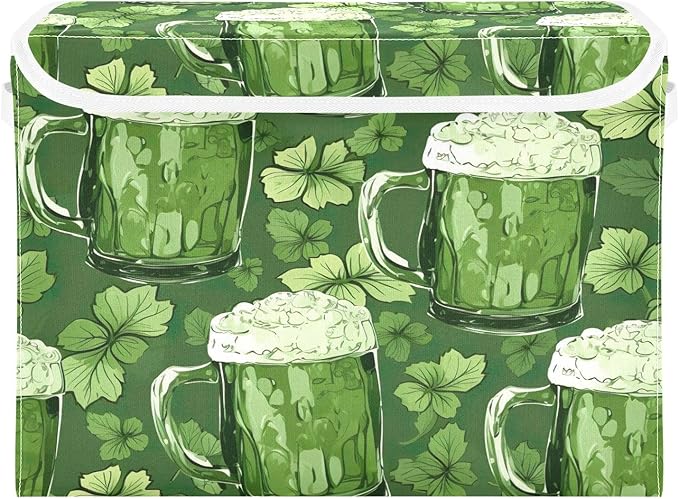 Christmas Storage Baskets with Lids Beer Glasses and Shamrocks (3) Collapsible Bins Stackable Fabric Linen Baskets Closet Organizer Container 16.5x12.6x11.8