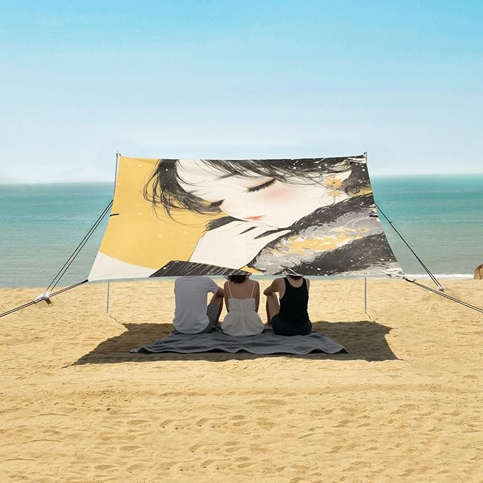 Beauty Yellow and Black Foldable Beach Cabana UPF50+ Protection Water-Resistant Portable Sun Shelter with Sandbags and Shovel for Camping Fishing Backyard Fun