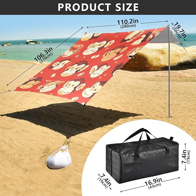Monkey Red Foldable Beach Tent UPF50+ Easy Setup Large Portable Sun Shelter with Sandbags Sand Shovel Poles for Family Trips Picnics &amp Camping
