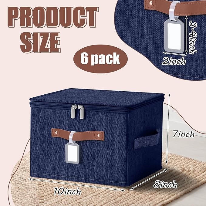 6 Pack Fabric Closet Storage Bins with Zipper Lids and Label 10×8×7In Large Size Foldable Cotton Linen Storage Cubes Boxes with PU Leather Handles Holders for Bedroom Nursery Dark Blue