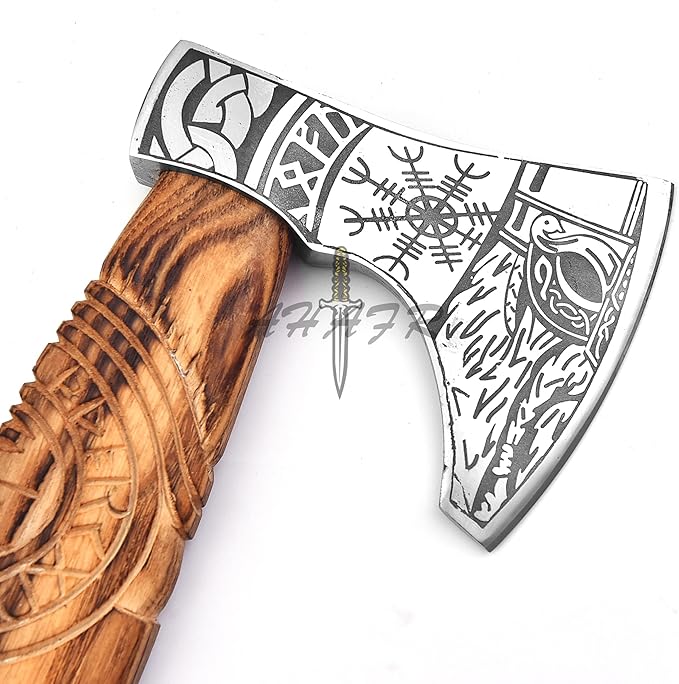 Hand-Forged Viking Axe – Authentic Norse Battle Axe with Custom Engraved Carbon Steel Blade &amp Carved Wooden Handle – Perfect for Throwing Camping Hunting &amp Gifts AH-001-AX