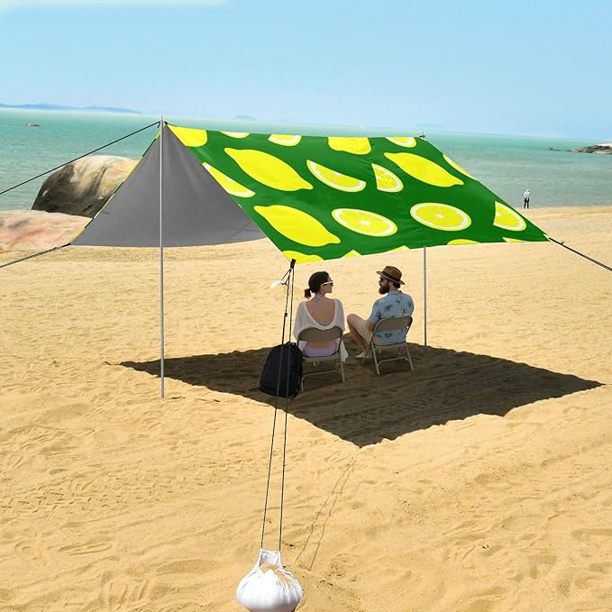 Beach Canopy with Windproof Ropes &amp Sandbags Beach Tent Sun Shade Sun Shelter for Camping Trips Fishing Backyard Fun or Picnics Lemon