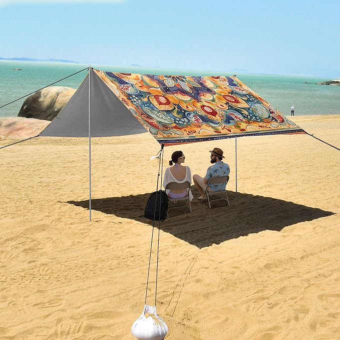 Bohemian Boho Vintage Mandala Style Flower Foldable Beach Canopy UPF50 Water-Resistant Portable Sun Shelter with Sturdy Poles Sandbags and Shovel for Backyard and Camping