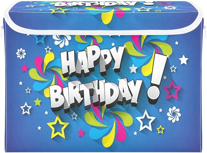 YETTASBIN Happy Birthday Storage Basket with Lid and Handles Large Collapsible Fabric Storage Bins Sturdy Storage Organizer for Shelves Closet Bedroom School Office Home Decor