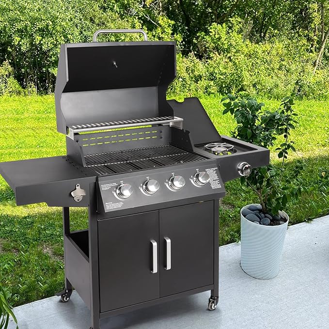 Propane Gas Grill 4 Burners with Side Burner Freestanding Grill Cart with Wheels for Outdoor Garden Cooking Barbecue Grill Black