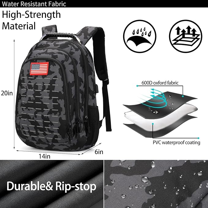 Camo BackpackSmall Tactical Backpack for outdoorMilitary Teen Boys Backpacks for School with USB Charging Port40L