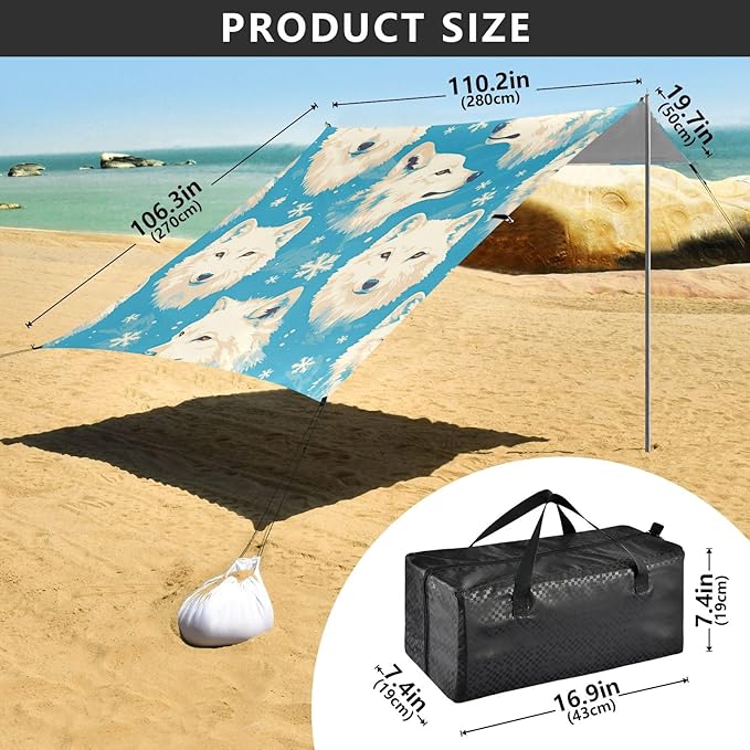 White Wolfs Blue Foldable Beach Canopy UPF50+ Protection Water-Resistant Portable Sun Shelter with Sand Shovel Sandbags for Camping Picnics Backyard &amp Fishing