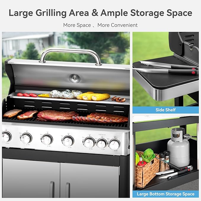 6 Burner Propane Gas BBQ Grill with Side Burner &amp Porcelain-Enameled Cast Iron Grate 65800 BTUs Barbecue Grill 665 Sq. In. Grilling Area Outdoor Propane Grill for Camping Patio Backyard Cooking