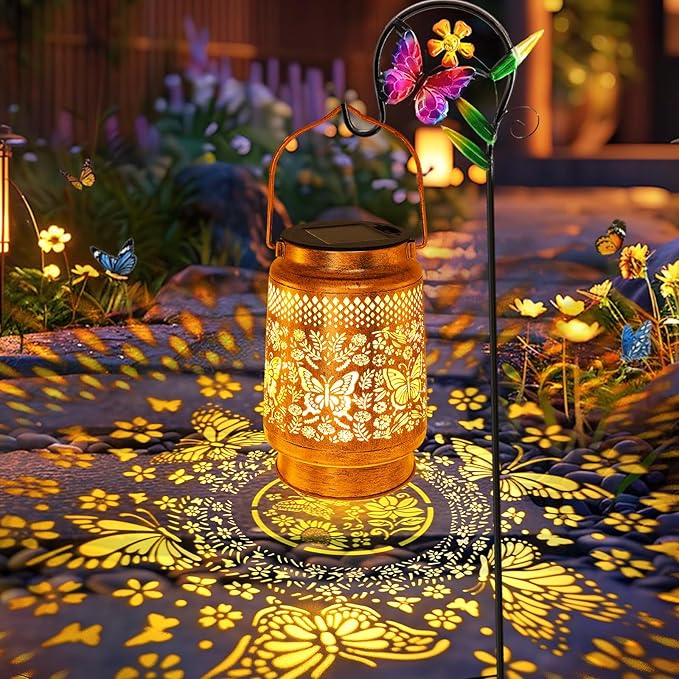 Butterfly Solar Lanterns Outdoor with Shepherd Hook Birthday Gift Mothers Day Gift for Women Mom Grandma Wife Daughter Waterproof LED Hanging Lights Decor for Yard Garden Patio Porch Lawn Tabletop