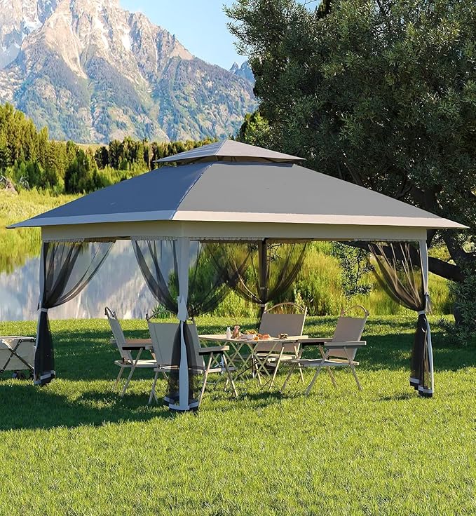 13x13ft Pop Up Gazebo Outdoor Canopy Tent with Mosquito Netting Heavy Duty Party Tent Shelter with Waterproof and Ultraviolet Double Roof for Backyard Garden Lawn and Deck (Grey)