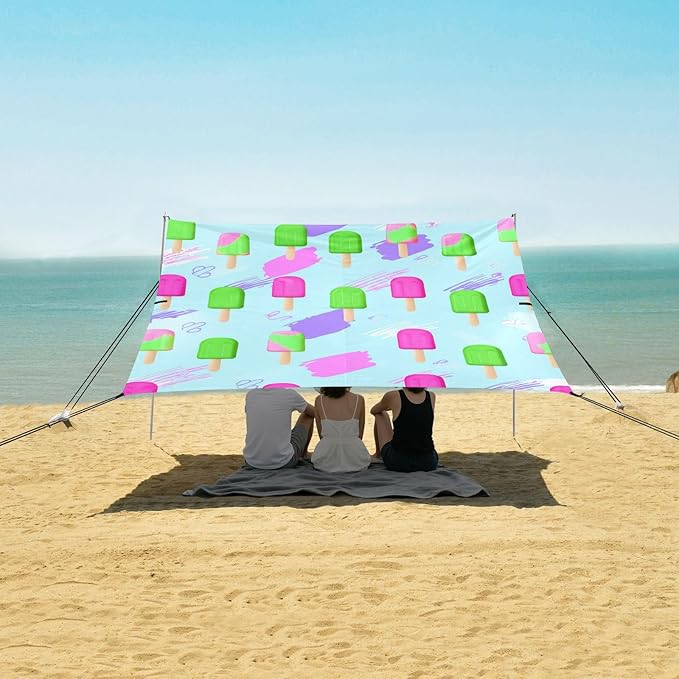 xigua Ice Sucker Beach Tent Sun Shelter with Carrying Bag - Silver Coated Oxford Fabric Beach Canopy for Beach Camping Fishing - Includes Windproof Ropes Sandbags &amp Stakes