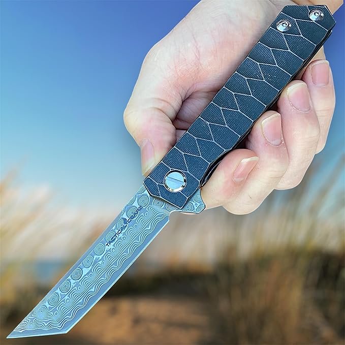 TACTICAL GEARZ Damascus Pocket Folding Knife Solid Tc4 Titanium Handle 67 Multi-Layered Damascus VG10 Steel Tanto Blade (Saint DXT)