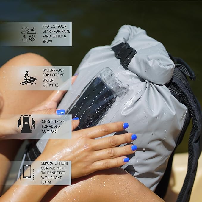 geckobrands Hydroner 20L Waterproof Dry Bag Backpack – Lightweight Roll-Top Bag with Clear Phone Pouch for Outdoor Activities (Flamingo)