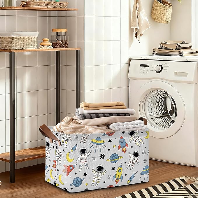 Space Planet Storage Bin with Handles Basket Storage Organizer for Shelves Closet Nursery Book Laundry Hamper &amp Home Decor