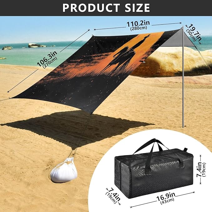 Sunset Cowboy Beach Tent Sun Shelter Set UPF50+ UV Protection 10.5 x 9.19 FT Camping Shade Canopy with Sandbags Sand Anchors Carrying Bag and Others